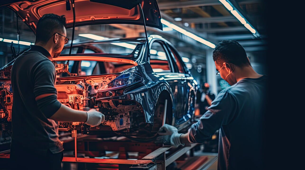 217651767 technicians in a car assembly plant are installing engines and welding sparks for cars on the